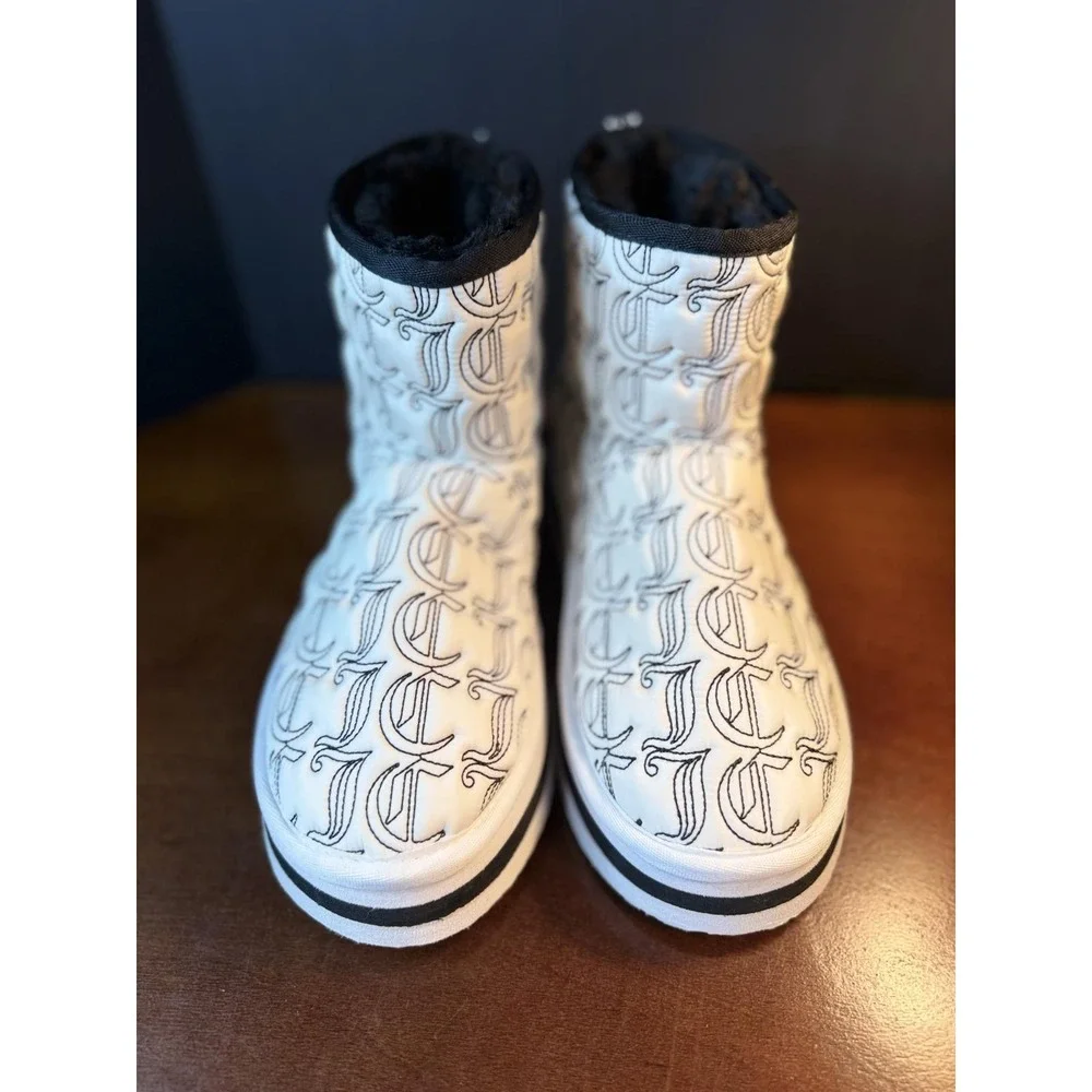 Juicy Couture Winter Boots – White/Black Monogram Print Cozy Faux Fur Lined